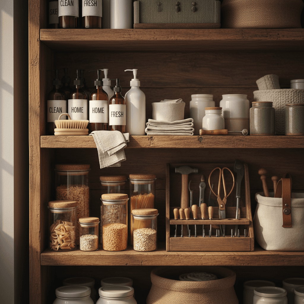 Organized household essentials on wooden shelves