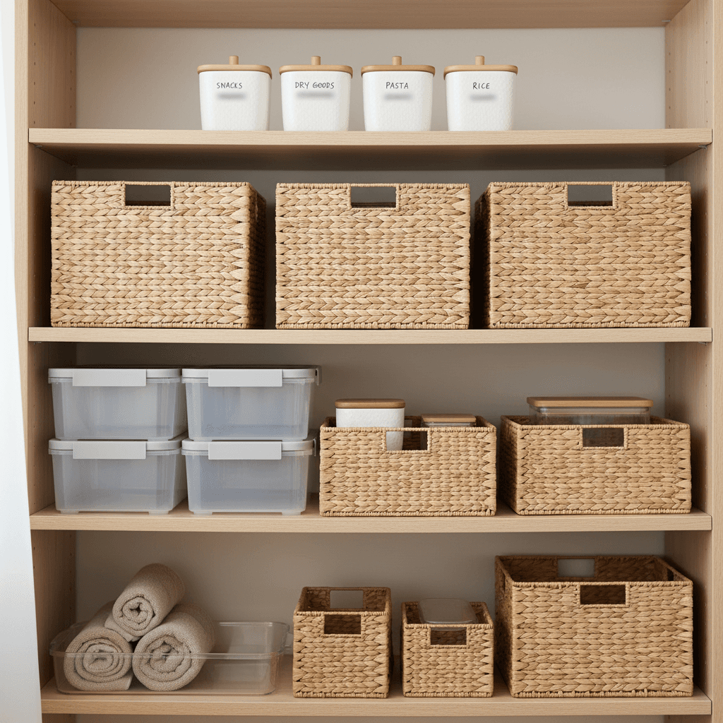 Storage containers and organizers on shelving