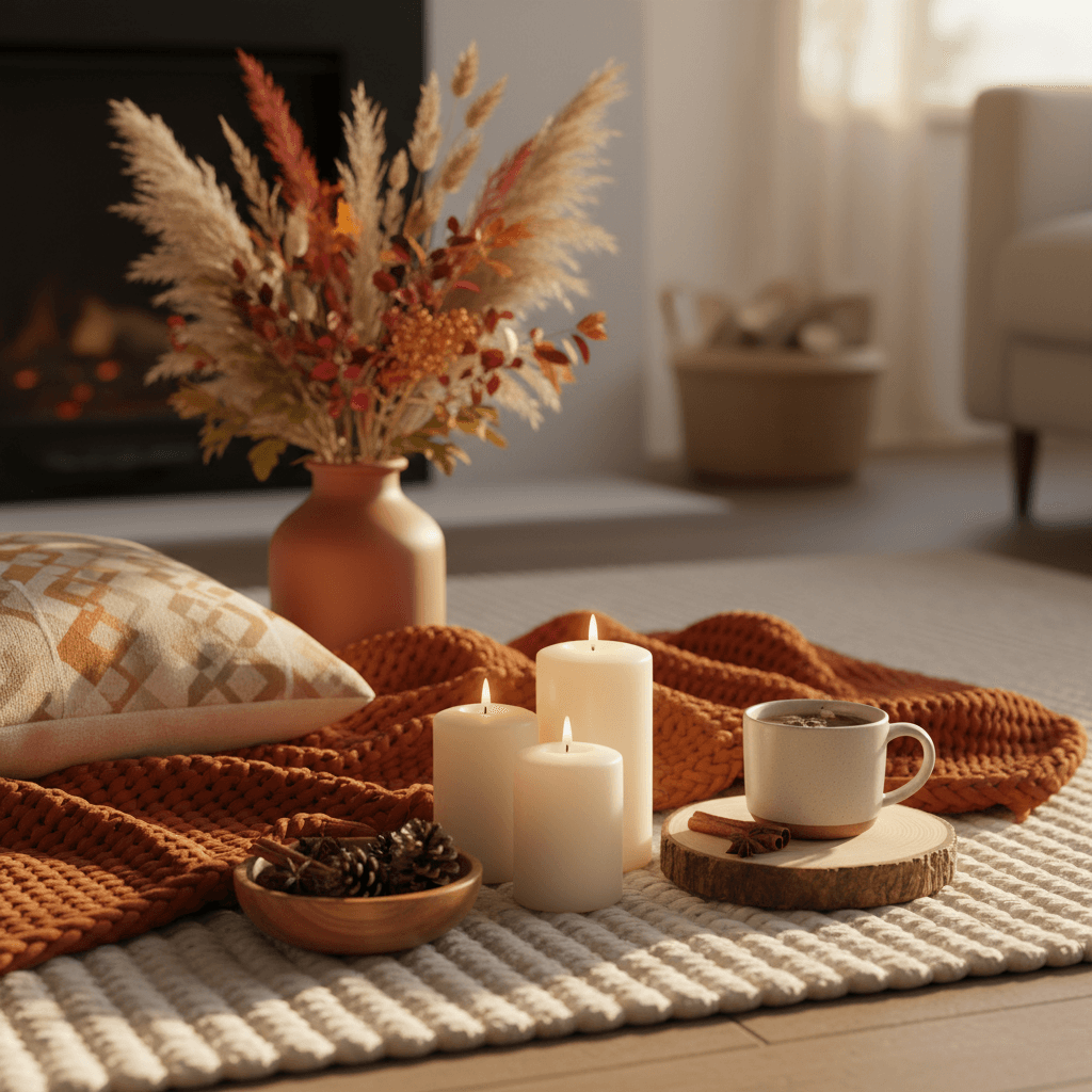Seasonal items including blankets, candles, and decor
