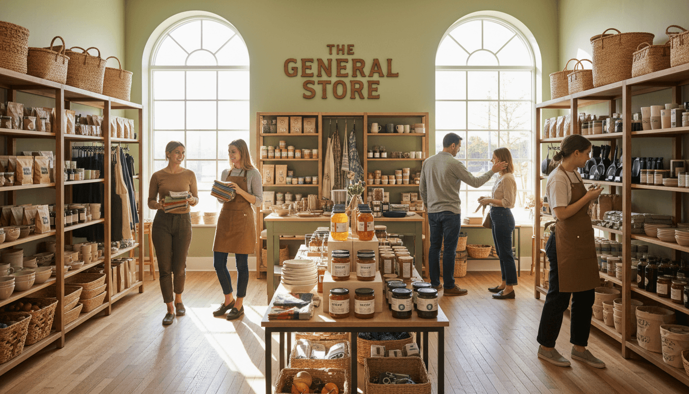 Keith's Store interior with organized shelves of everyday essentials and customers shopping