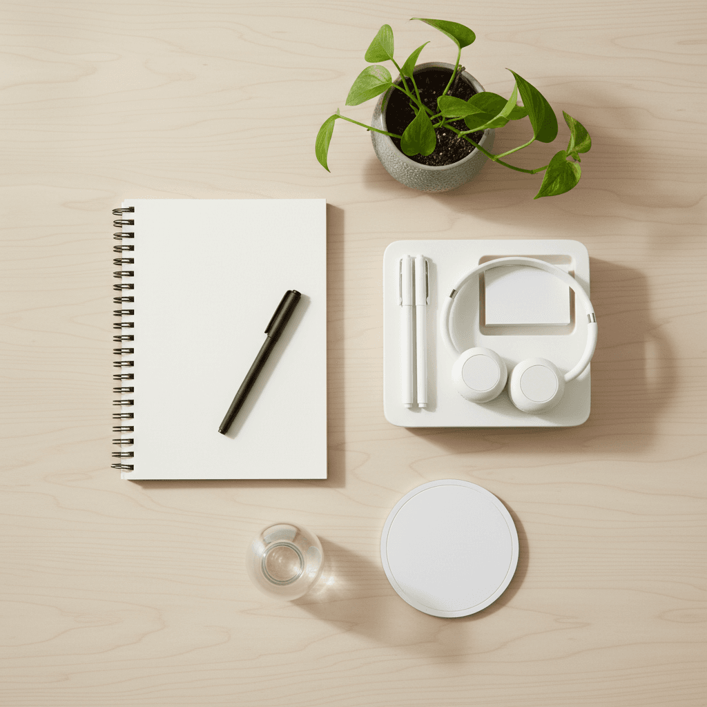 Workspace items including notebook, pens, and desk organizer