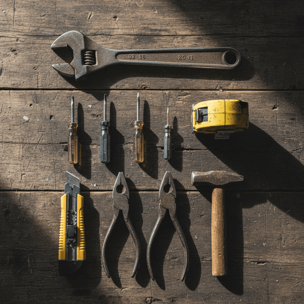 Practical tools including wrench, screwdrivers, and measuring tape
