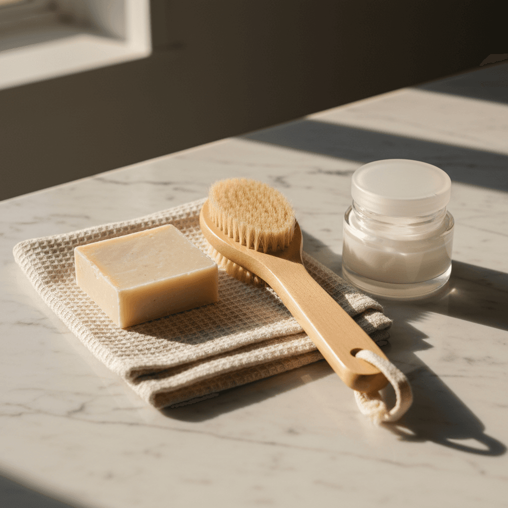 Personal care products including soap, brush, and towel
