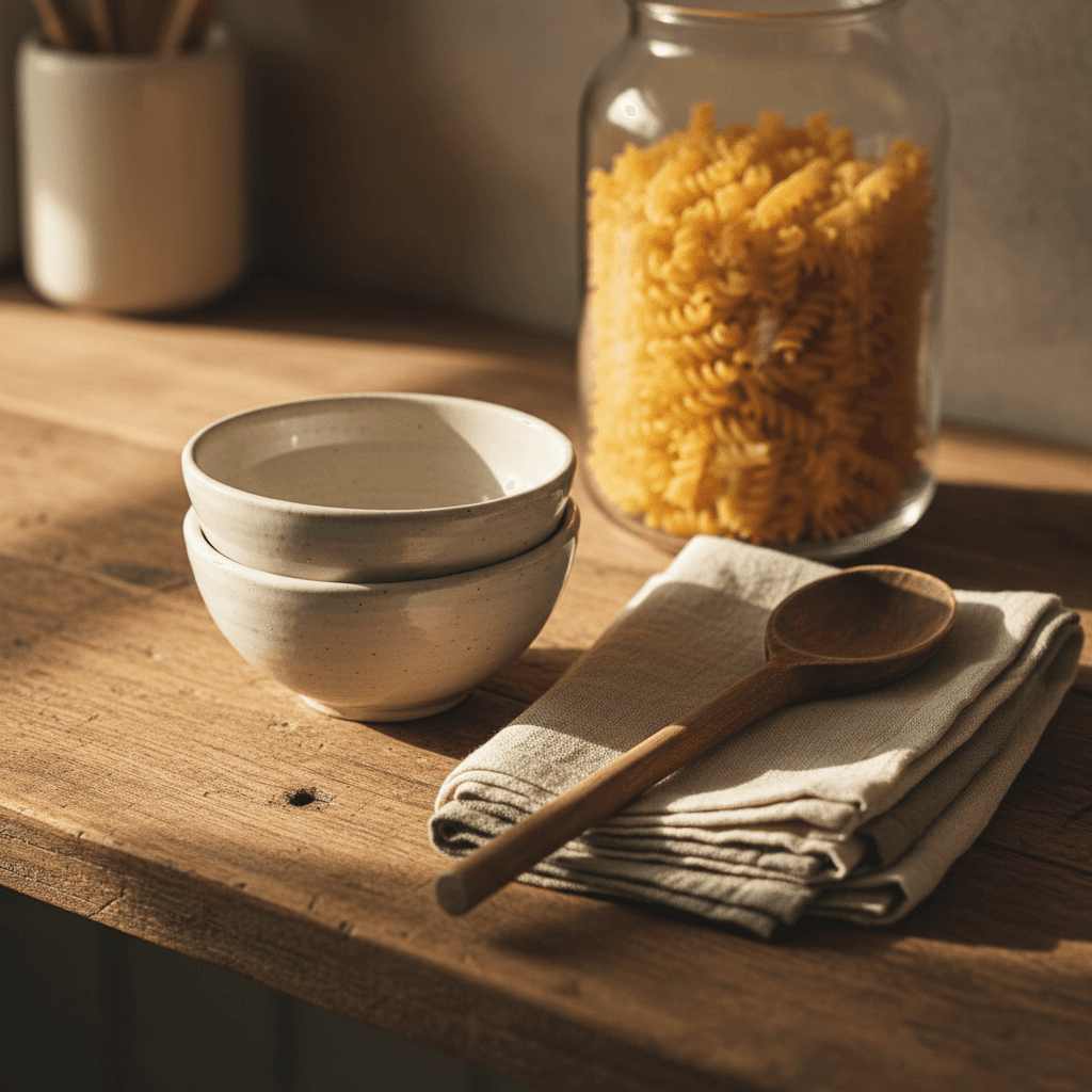 Home essentials including bowls, utensils, and storage items