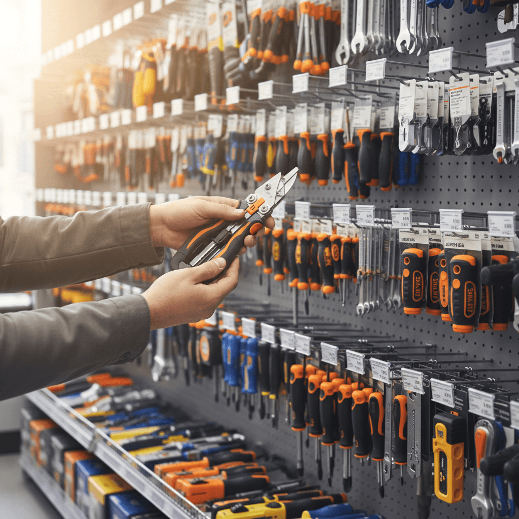 Customer selecting work tools from store shelf